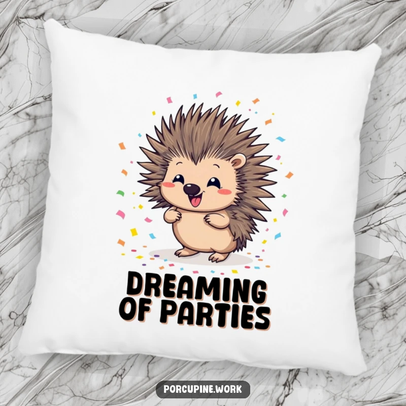 Funny porcupine pillow with a mischievous porcupine scattering colorful confetti, bringing a festive and humorous touch to any room.