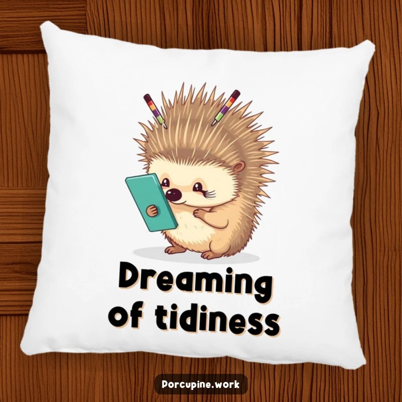 Funny porcupine carefully balancing office supplies on its quills, soft accent pillow, adds humor to desks and sofas.