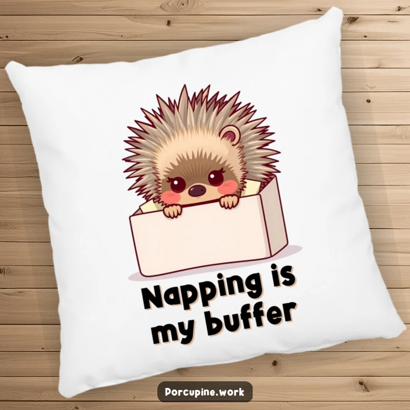 Funny porcupine peeking out from behind a comically large, overflowing inbox, a soft and humorous pillow for comfort.