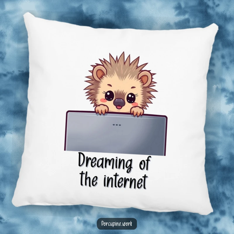 Funny pillow featuring a porcupine peeking over a computer screen, soft and huggable, making it a humorous and cozy decorative item.