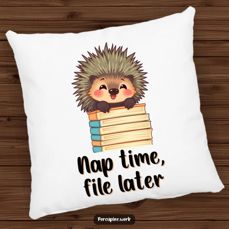 Funny porcupine peeking over a towering stack of files with amusement, a soft and humorous decorative pillow.