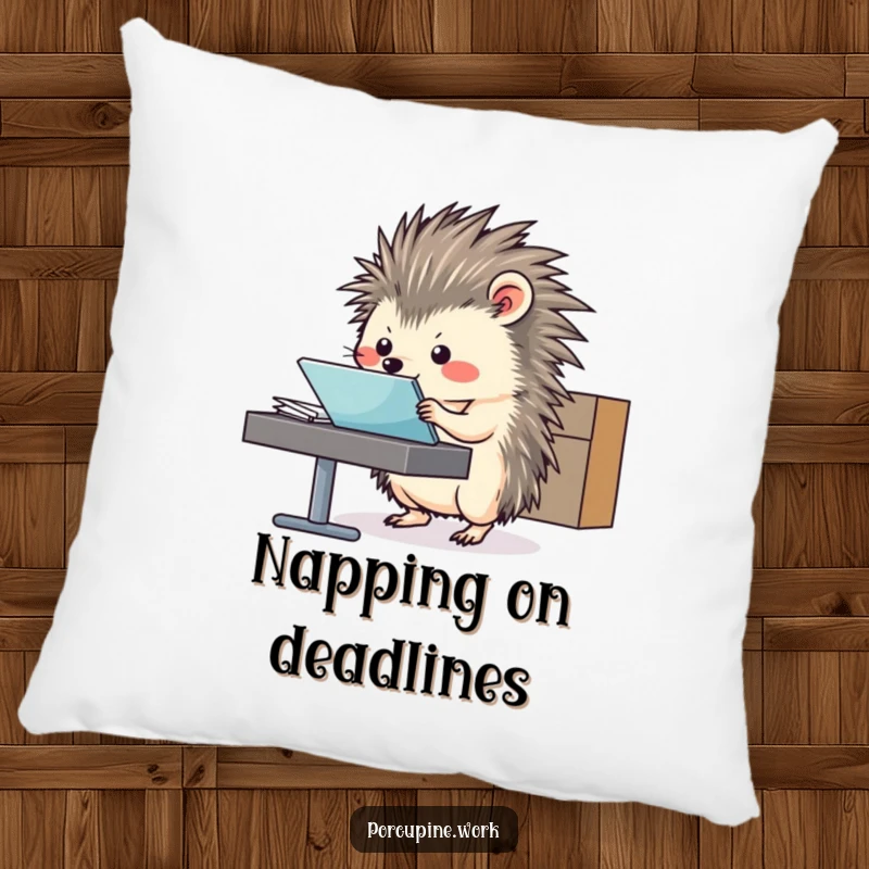 Funny Pillow featuring a porcupine professionally sliding a file folder, offering a comfy and humorous desk addition.