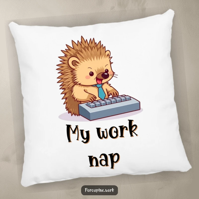 Funny pillow showing a porcupine in a tiny tie, typing enthusiastically on a keyboard for a humorous desk accent.