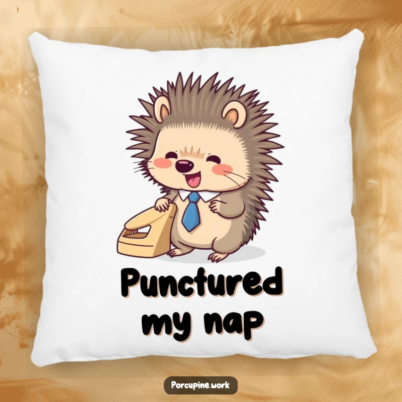 Funny porcupine wearing a tiny tie, enthusiastically using a hole punch, a soft and humorous decorative pillow.