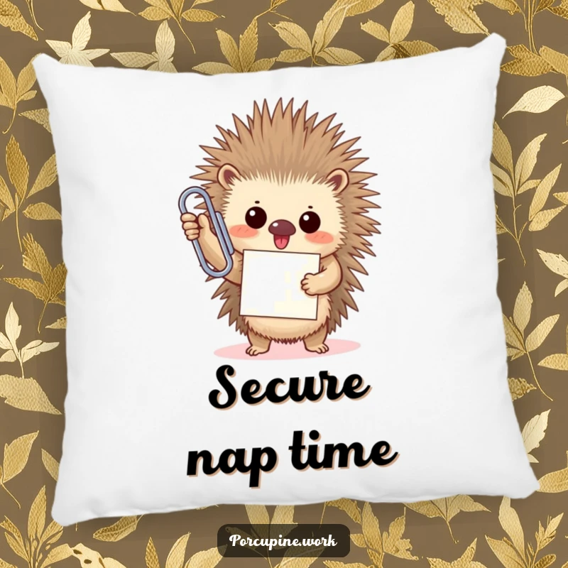 A funny porcupine triumphantly holds an oversized paperclip with a proud smile, bringing office victory to this soft pillow.