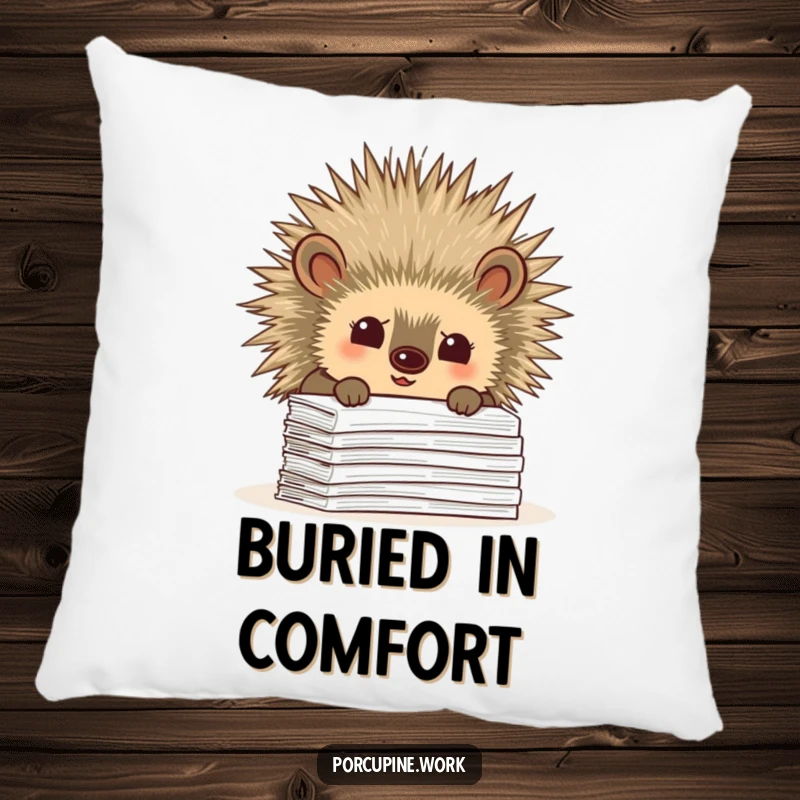 Funny pillow featuring a porcupine curiously peeking over a stack of paperwork, offering comfort and a touch of office investigation humor.