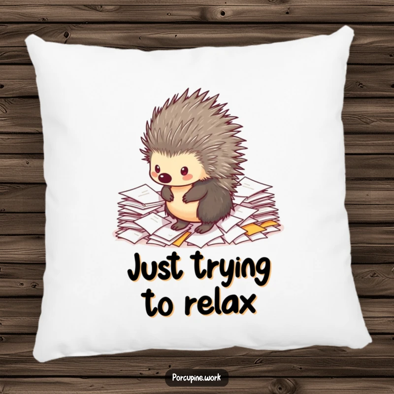 Funny porcupine pillow featuring a resilient porcupine perched on a heap of papers, offering comfort and a touch of office humor.
