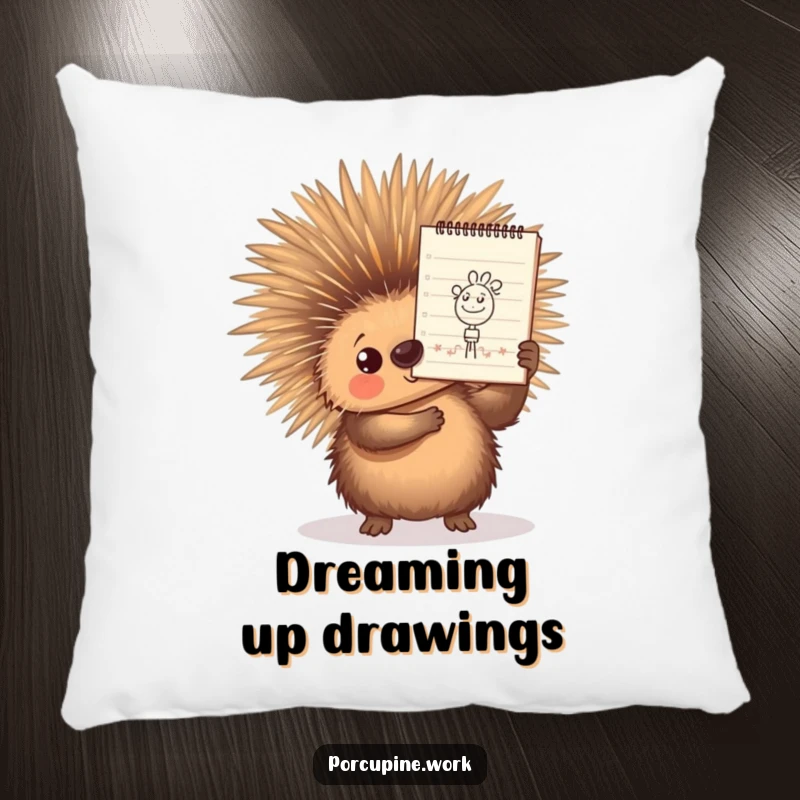 Funny Pillow featuring a porcupine proudly holding a notepad with a small, clean doodle, adding artistic humor to any room.