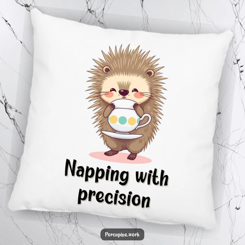 Funny Pillow showcasing a smiling porcupine balancing a teacup on its quills, offering humorous and soft decor.