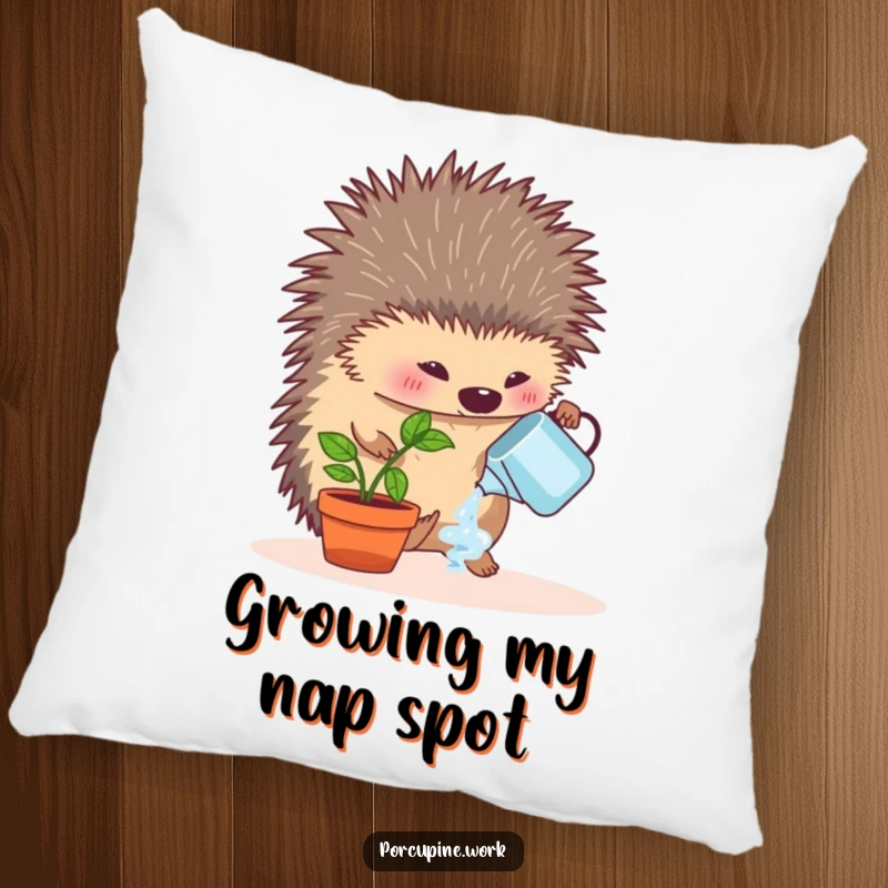 Funny pillow featuring a porcupine enthusiastically watering a small desk plant, bringing comfort and a touch of office gardening humor.