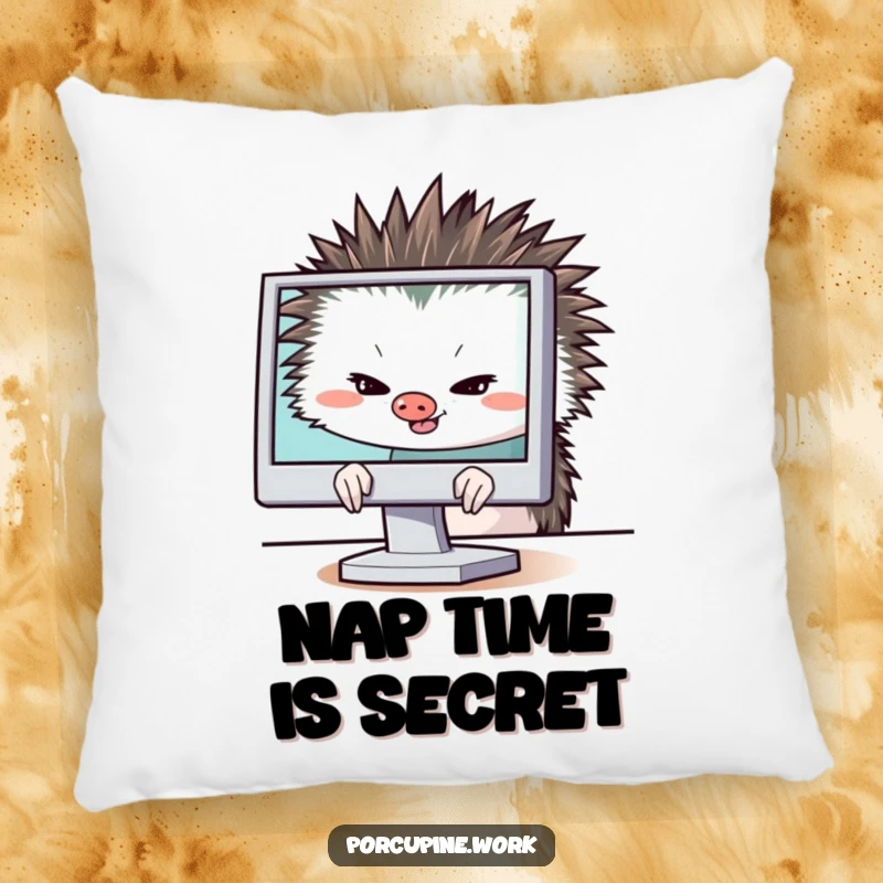 Funny porcupine hiding behind a computer monitor with a sly grin, soft accent pillow, adds humor to sofas and chairs.