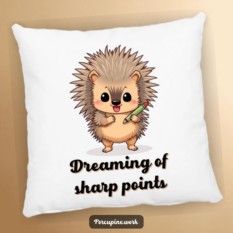 Funny porcupine pillow, a delightful creature shimmying with a pen, soft and decorative accent for sofas.
