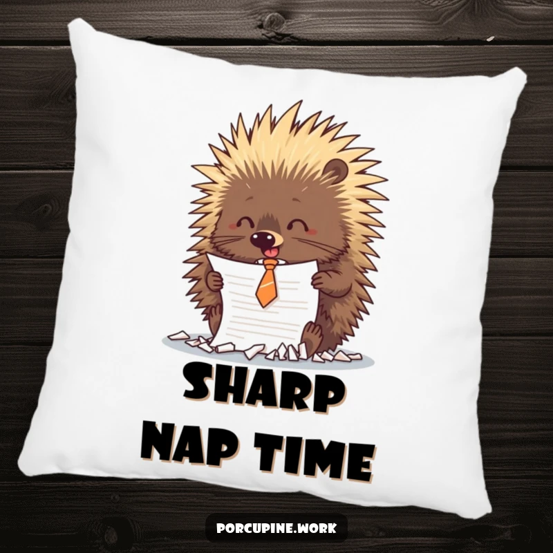 A funny porcupine in a small tie is captured mid-shred with a document, bringing playful office rebellion to this soft pillow.