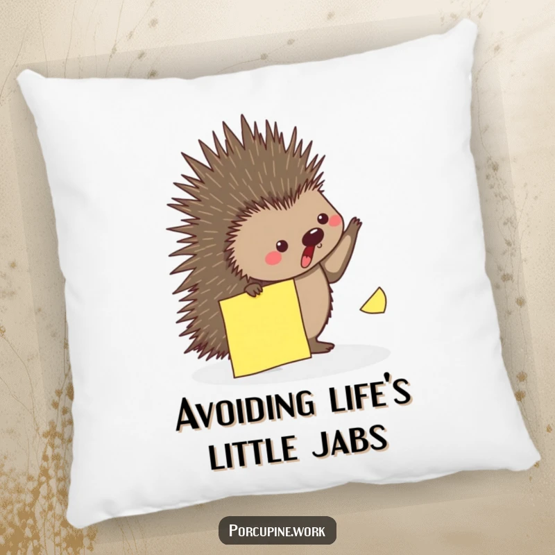 Funny pillow with a porcupine playfully dodging a falling sticky note, offering comfort and humor.