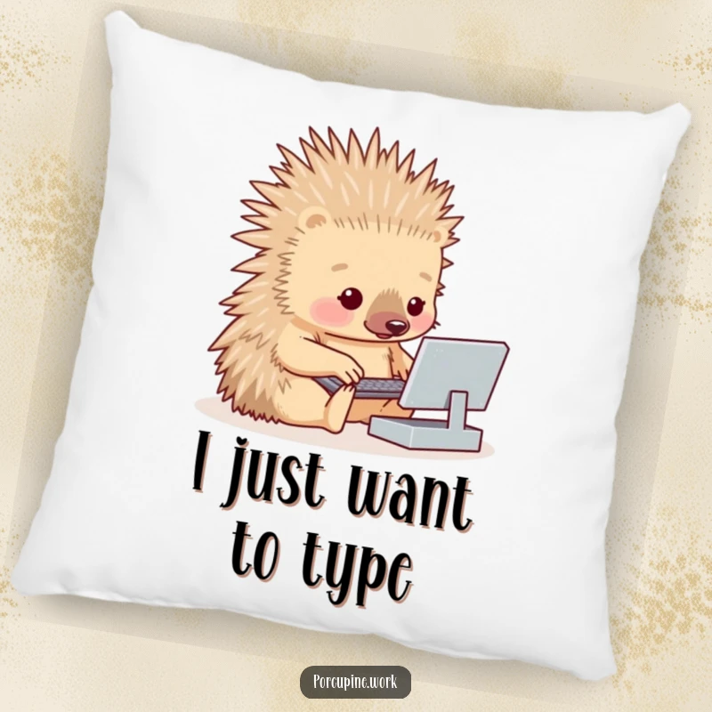A porcupine struggling to type on a tiny laptop keyboard, depicted on a soft and humorous decorative pillow.