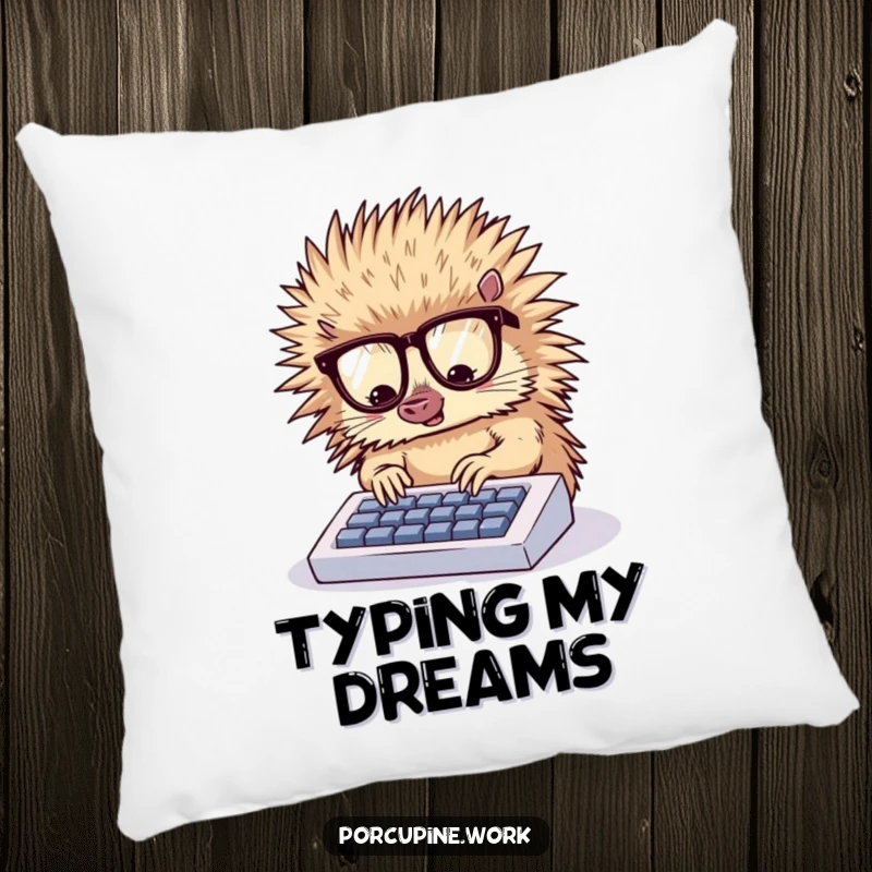 Funny pillow showcasing a studious porcupine with glasses typing on a tiny keyboard, offering cozy support and humor.