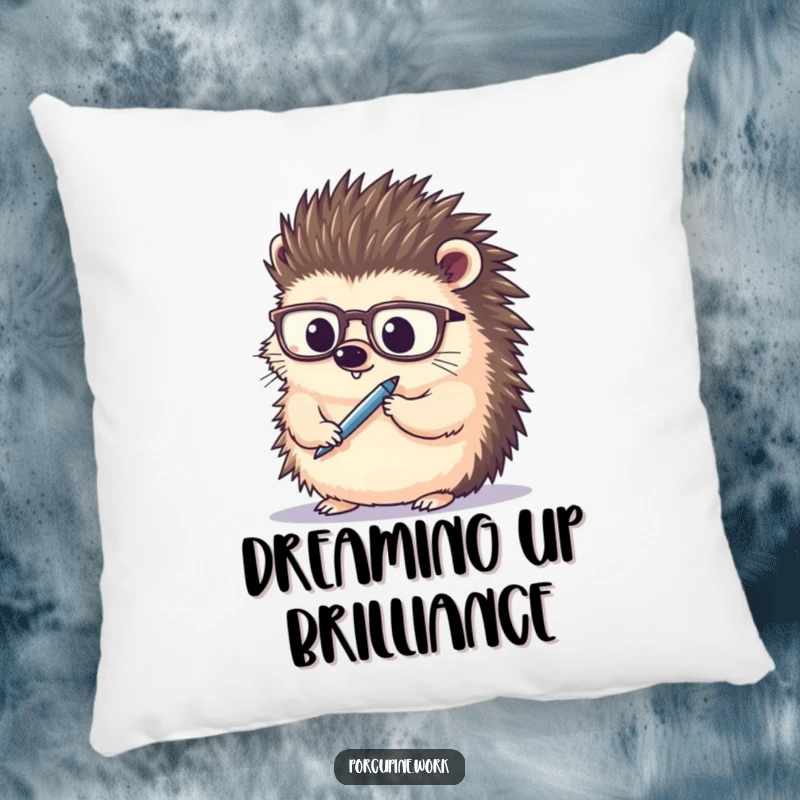 Funny porcupine wearing spectacles, thoughtfully holding a pen, soft accent pillow, adds humor to sofas and beds.