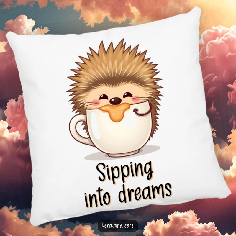 Funny pillow showcasing a content porcupine happily sipping from a large coffee mug, offering cozy comfort and humor.