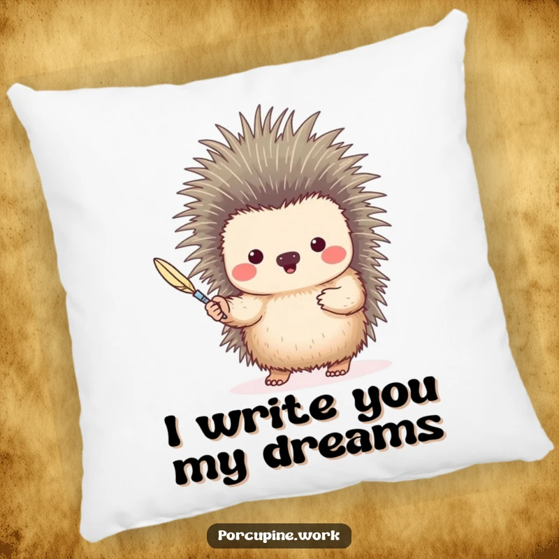 A porcupine offering a quill like a pen, depicted on a soft and humorous decorative pillow.