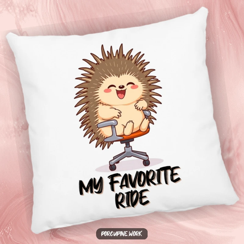 Funny pillow featuring a porcupine gleefully riding a rolling office chair, offering comfort and a touch of office joy.