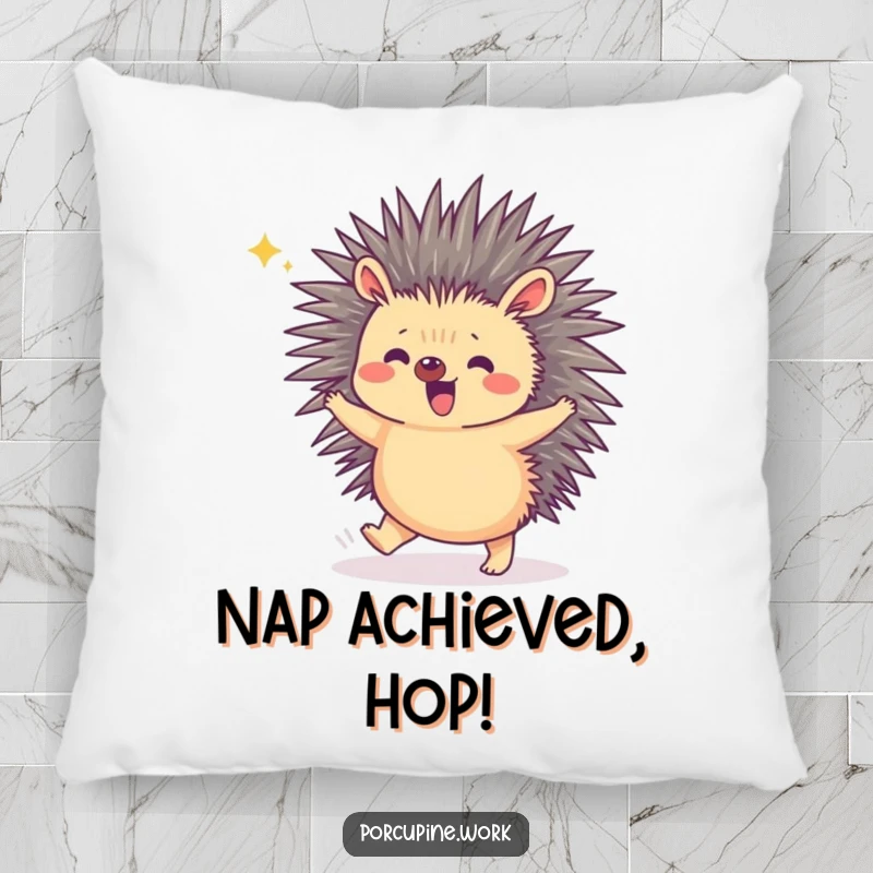 Funny pillow depicting a porcupine doing a tiny hop in celebration, offering comfort and a dose of pure, happy energy.