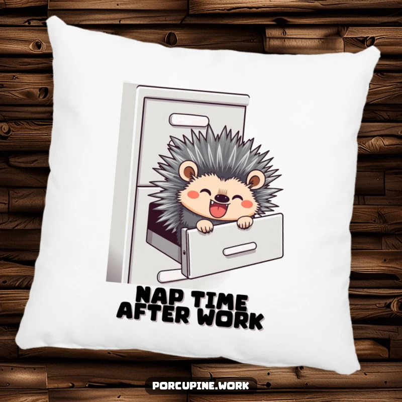 Funny pillow depicting a porcupine sliding down a filing cabinet, offering comfort and a touch of office rebellion.