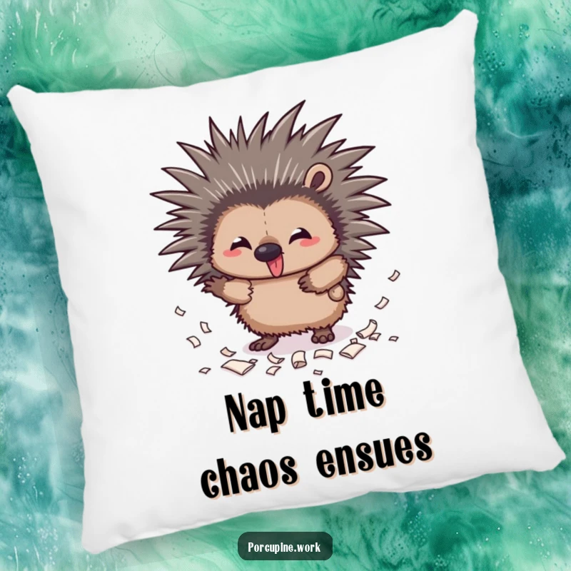 Funny mischief porcupine pillow depicting a playful porcupine with quills out scattering paper scraps, soft and amusing.