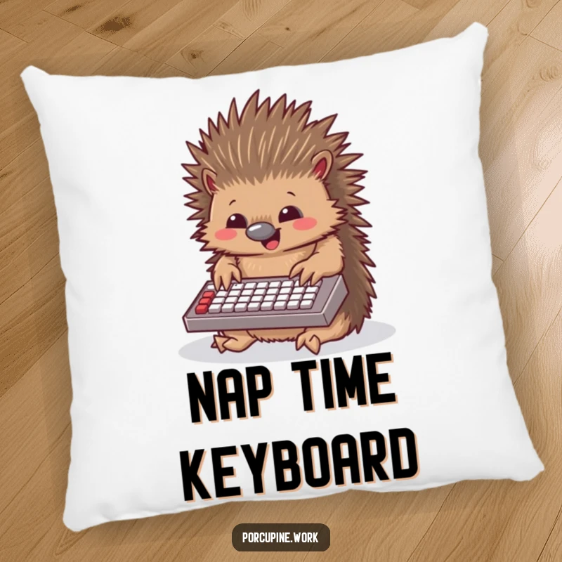 Funny porcupine pillow with a porcupine character joyfully typing on a miniature keyboard, perfect for adding comfort and humor to any couch.