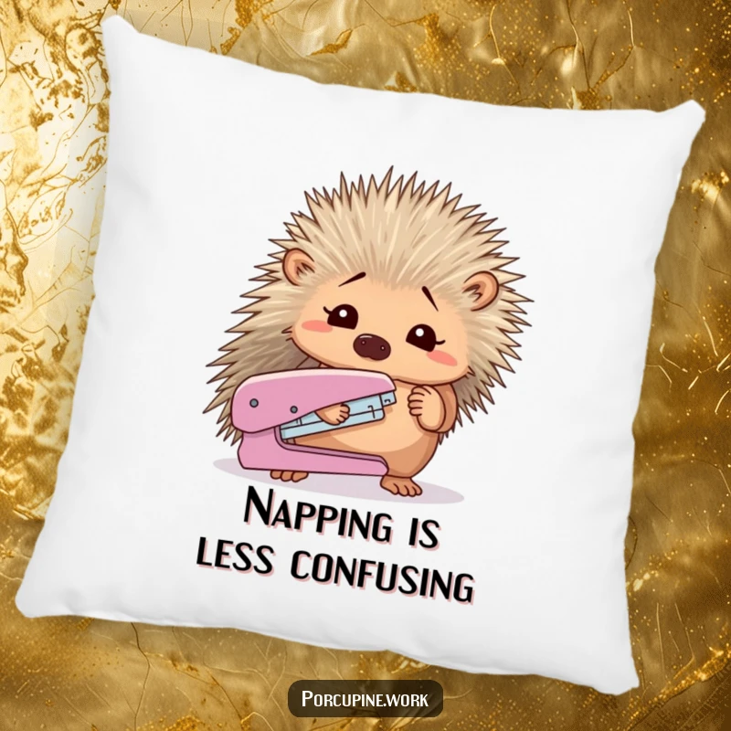 A porcupine holding a stapler and looking confused, depicted on a soft and humorous decorative pillow.