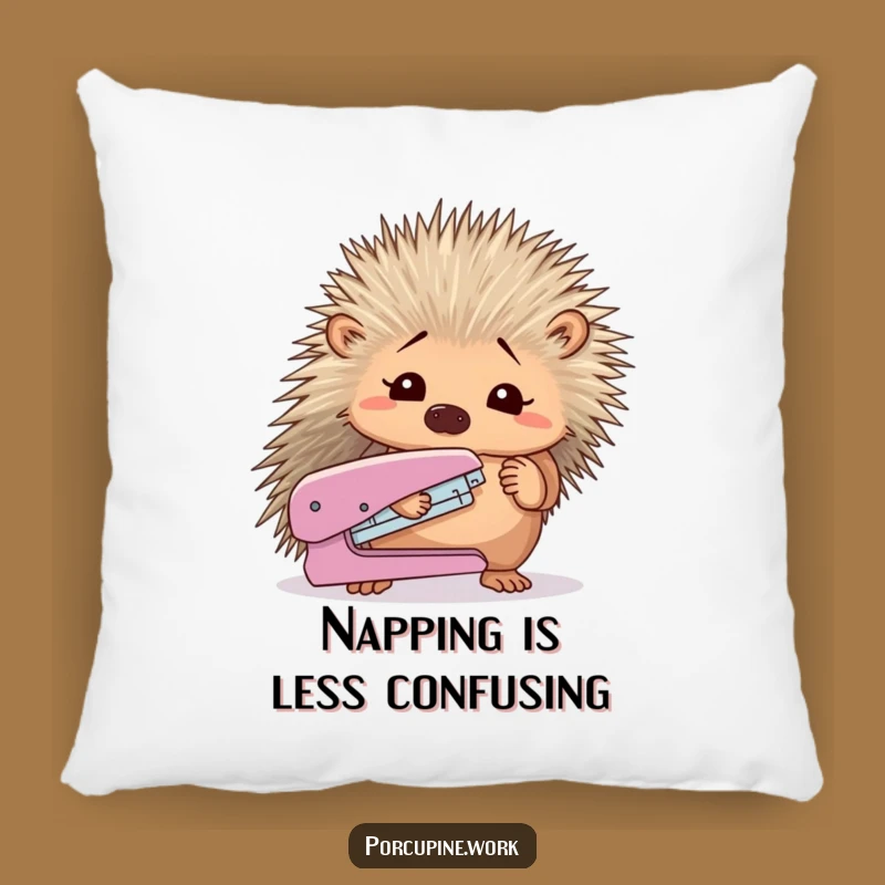 Funny Confused Porcupine Stapler Pillow: Comfy Support for Your Office Woes