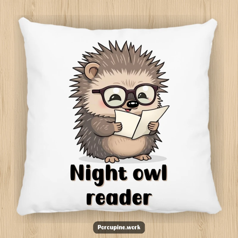 Funny pillow depicting a porcupine wearing glasses and reading a minuscule document, offering comfort and intellectual charm.