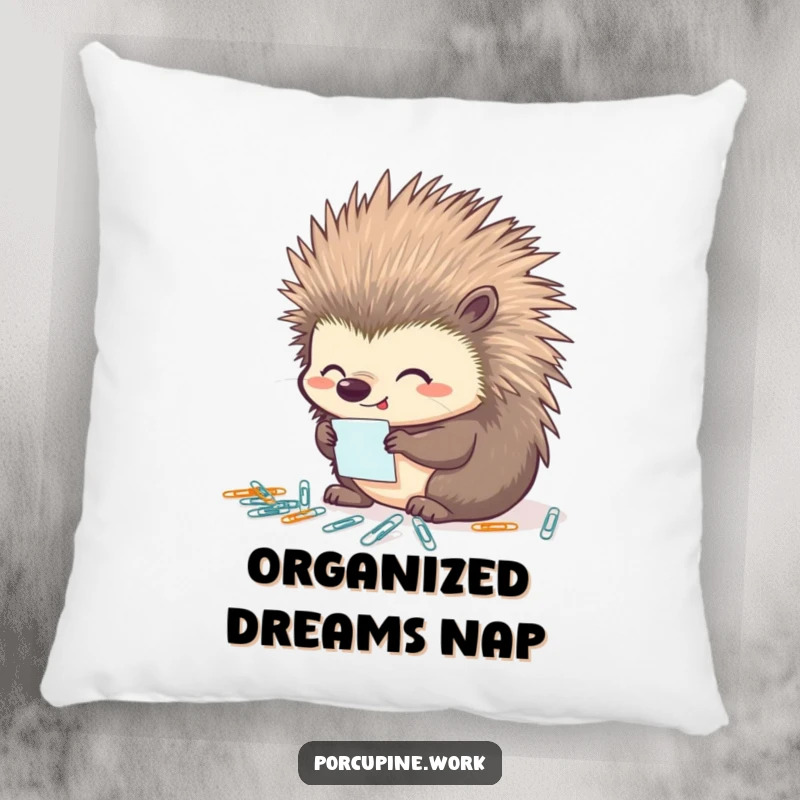 Funny porcupine pillow with a porcupine character looking pleased while organizing tiny paperclips, bringing cozy tidiness and humor to any surface.