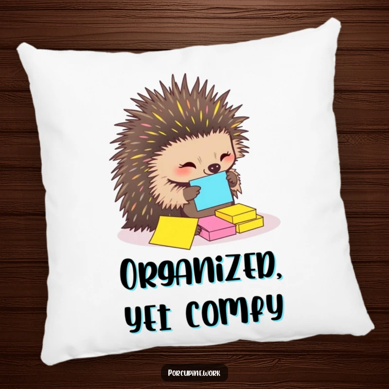 Funny Pillow showcasing a porcupine using its quills to arrange sticky notes, providing comfortable and humorous home decor.