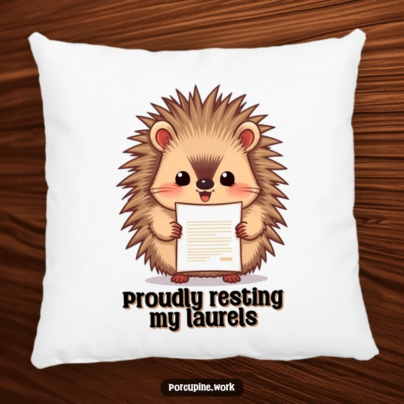 Funny porcupine enthusiastically presenting a document with pride, soft accent pillow, celebrating wins with comfort and humor.