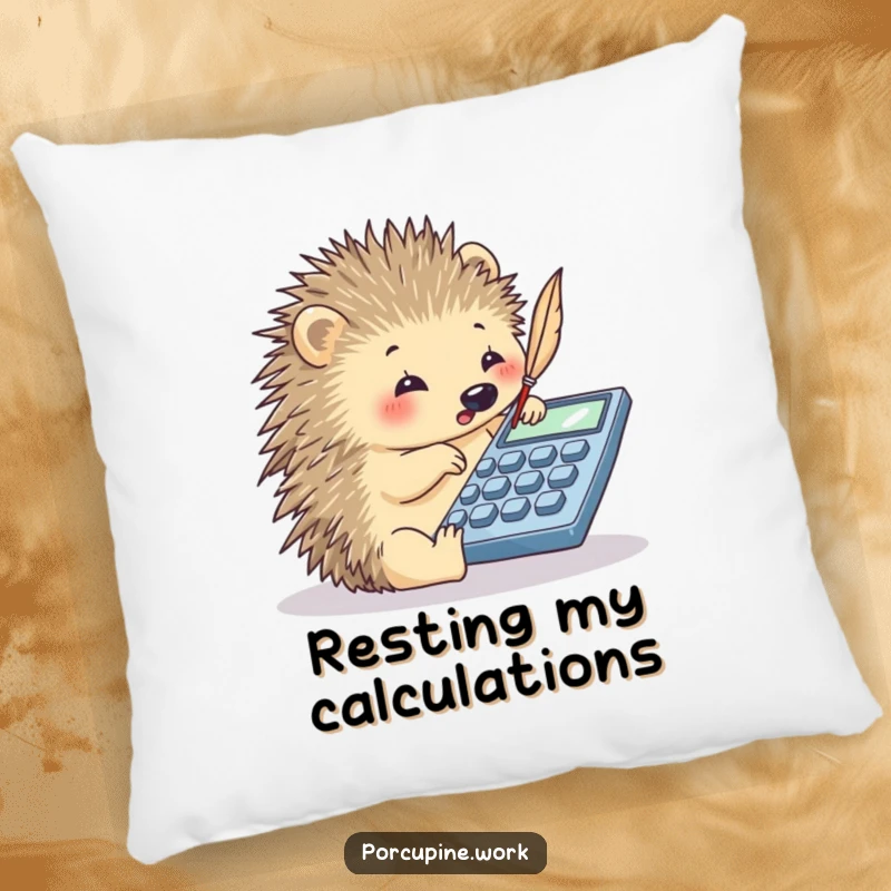 Funny porcupine with a quill tapping a calculator, a soft and humorous pillow for math enthusiasts' relaxation.