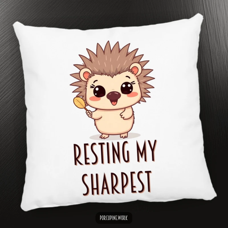 Funny quill porcupine pillow depicting a happy porcupine with wide eyes offering a quill, perfect for cozying up.