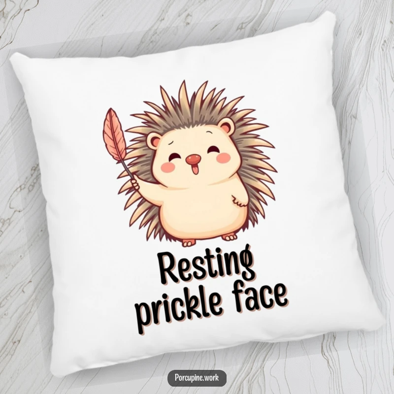 Funny Pillow featuring a cuddly porcupine character offering a warm, welcoming wave with its quill, perfect for lounging.