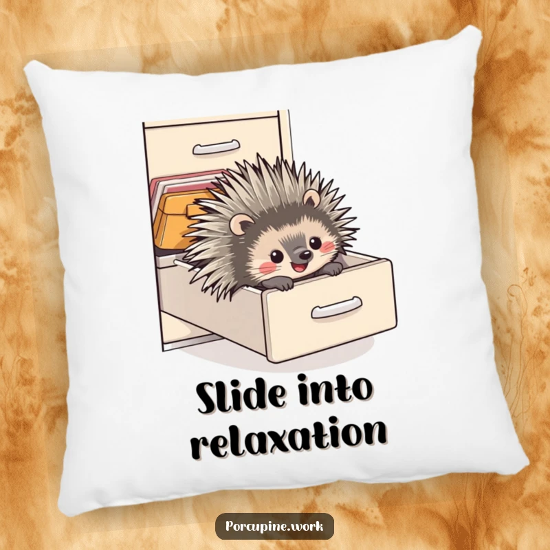 Funny pillow featuring a porcupine sliding down a filing cabinet drawer with an expression of pure, unbridled delight, perfect for cozying up.