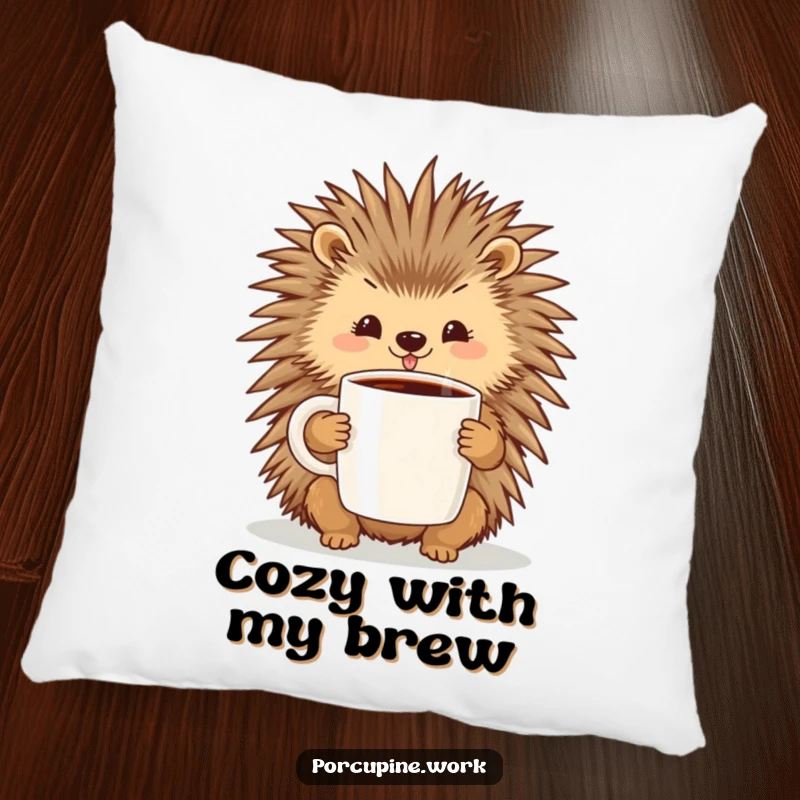 Funny pillow illustration of a cheerful porcupine holding a large coffee mug, offering cozy comfort and morning happiness.