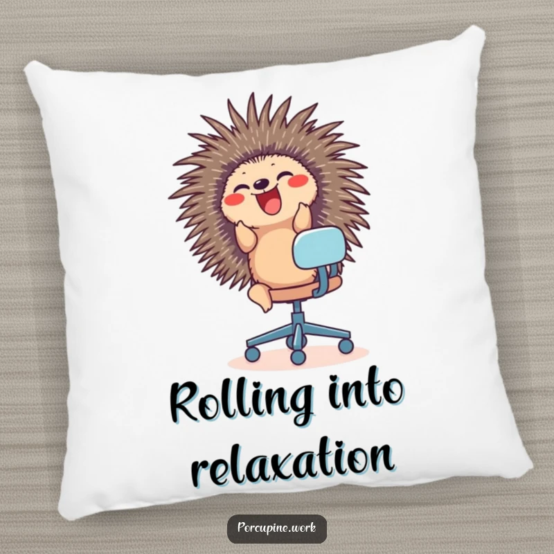 Funny pillow featuring a porcupine joyfully riding an office chair, offering comfort and a humorous statement.