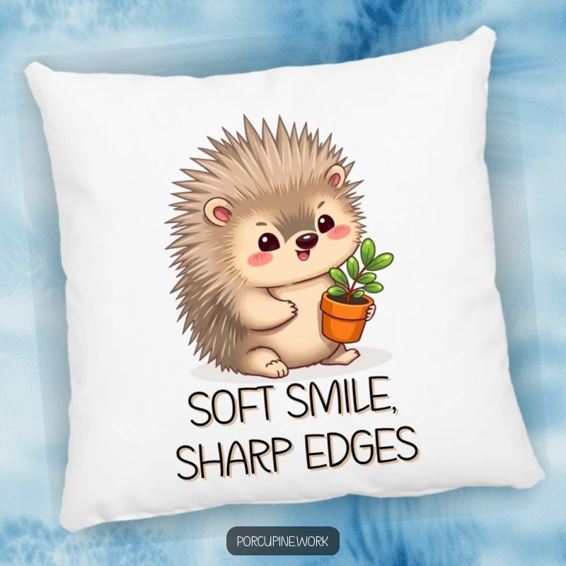 Funny Pillow: A porcupine offers a miniature potted plant with a gentle smile, providing soft comfort and humorous delight.