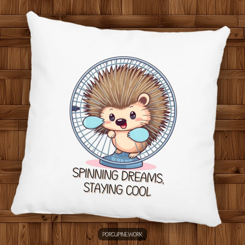 Funny pillow with a porcupine peeking from behind a spinning office fan, offering comfort and humor.