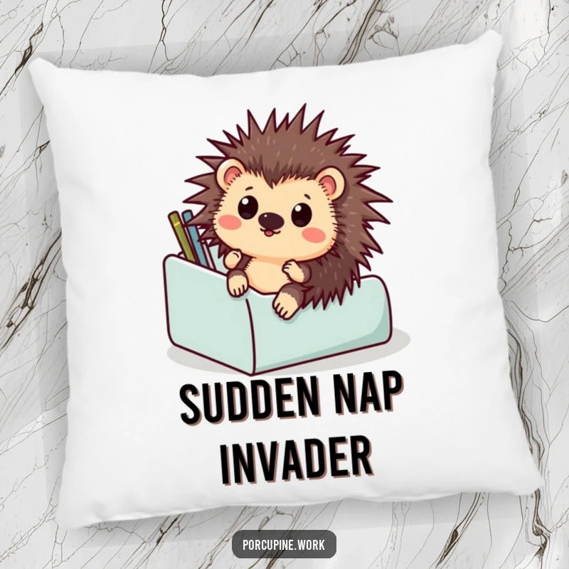 Funny pillow decorated with a shocked porcupine sliding down a desk organizer, offering both comfort and a dose of office humor.