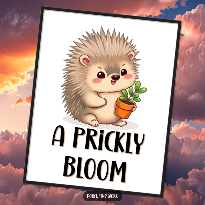 Funny Digital Art Print: A porcupine offers a miniature potted plant with a gentle smile, bringing sweet, humorous vibes digitally.