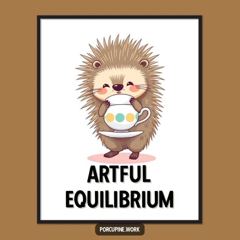 Funny Porcupine Digital Art: Tea Balance Masterpiece, Hilarious Decor Gift