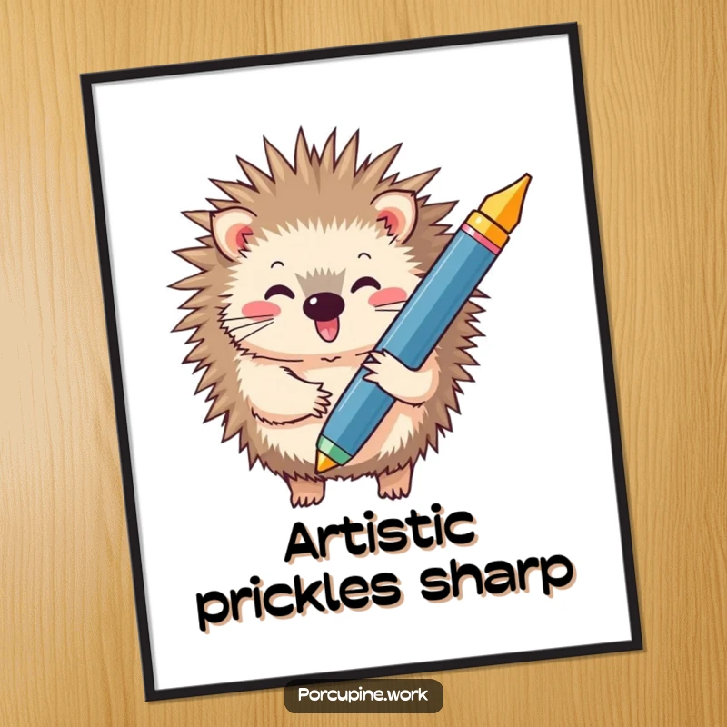 Funny digital art print of a porcupine beaming while holding a massive pen, perfect for creative spaces.
