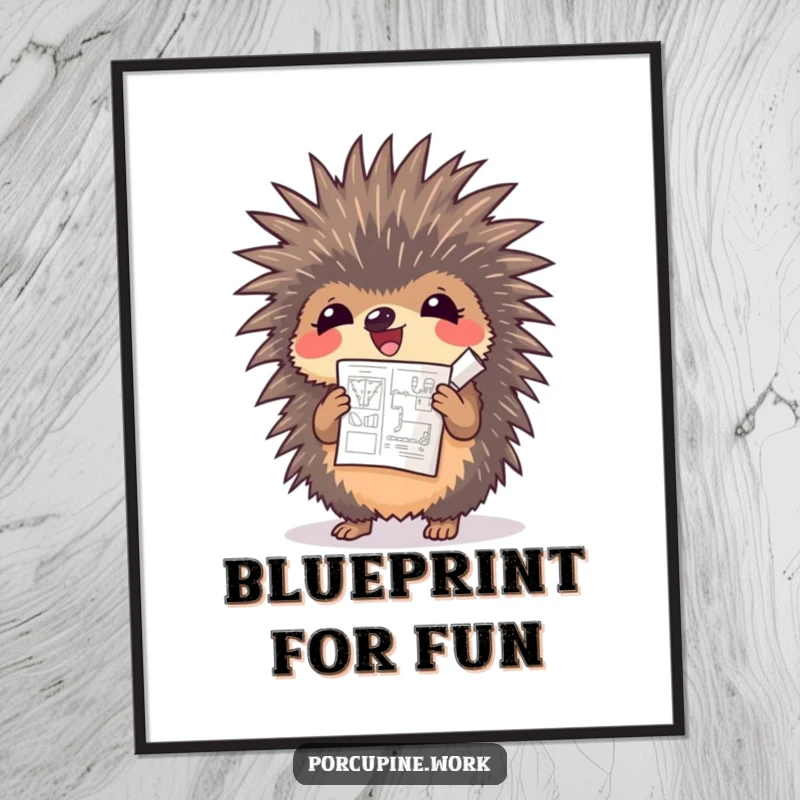 Funny porcupine cheering while holding a rolled-up blueprint, inspirational digital art print for creative spaces.