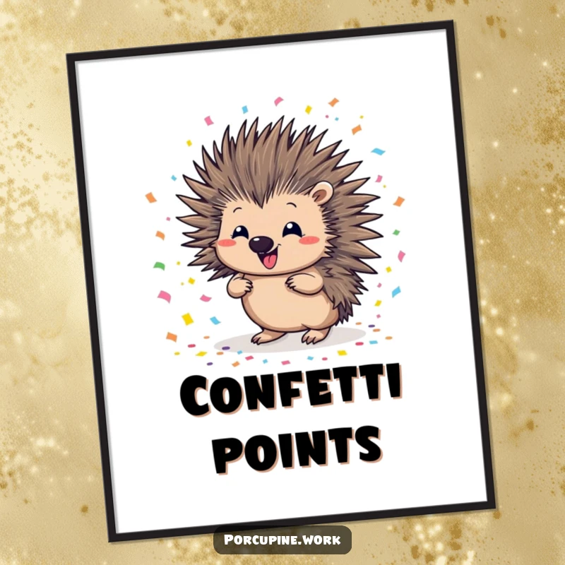 Funny porcupine digital art print of a porcupine with a mischievous smile, scattering a festive explosion of colorful confetti, full of energy.