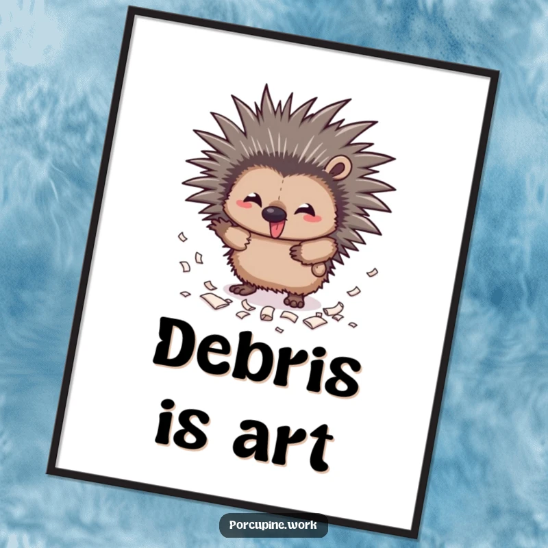 Funny mischief porcupine digital art print showing a playful porcupine with outstretched quills scattering paper scraps.