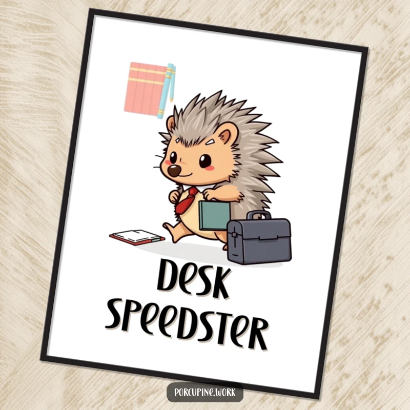 Funny porcupine with a briefcase happily scurries across a desk, embodying professional drive on this humorous digital art print.